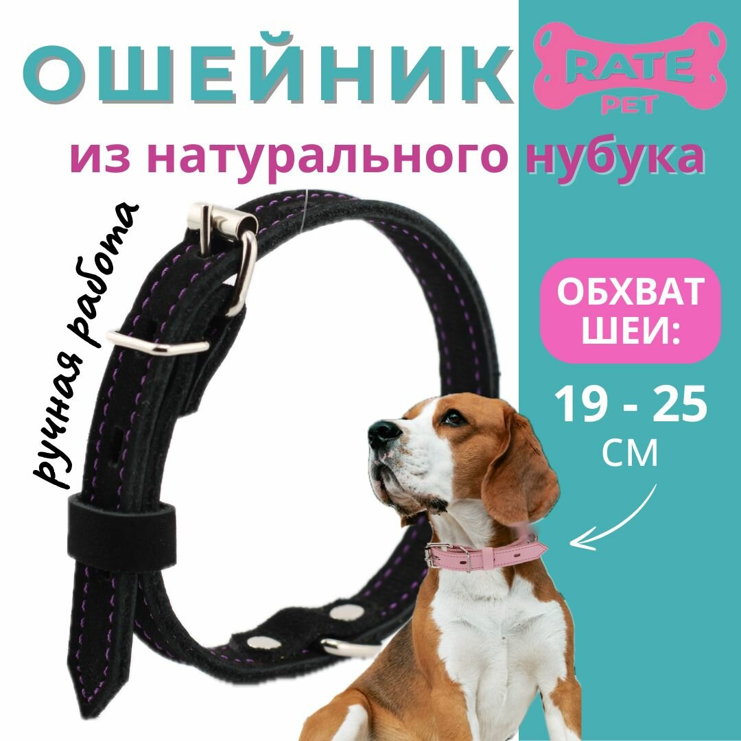 Ошейник для собак кожаный (нубук) обхват шеи 19-25 см ширина 1 см черный с фиолетовой строчкой