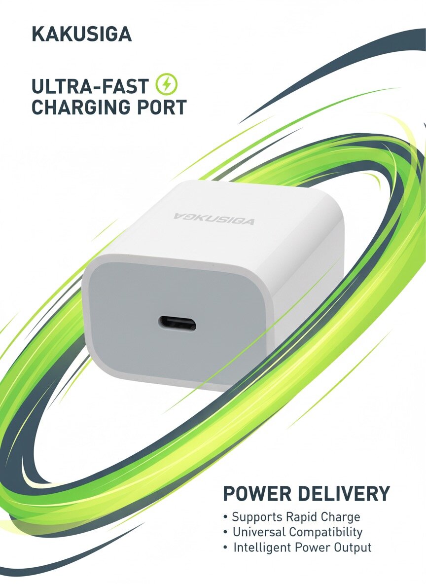 Адаптер быстрой зарядки KAKUSIGA, евровилка, 20Вт, USB-C/PD, белый — фото 1