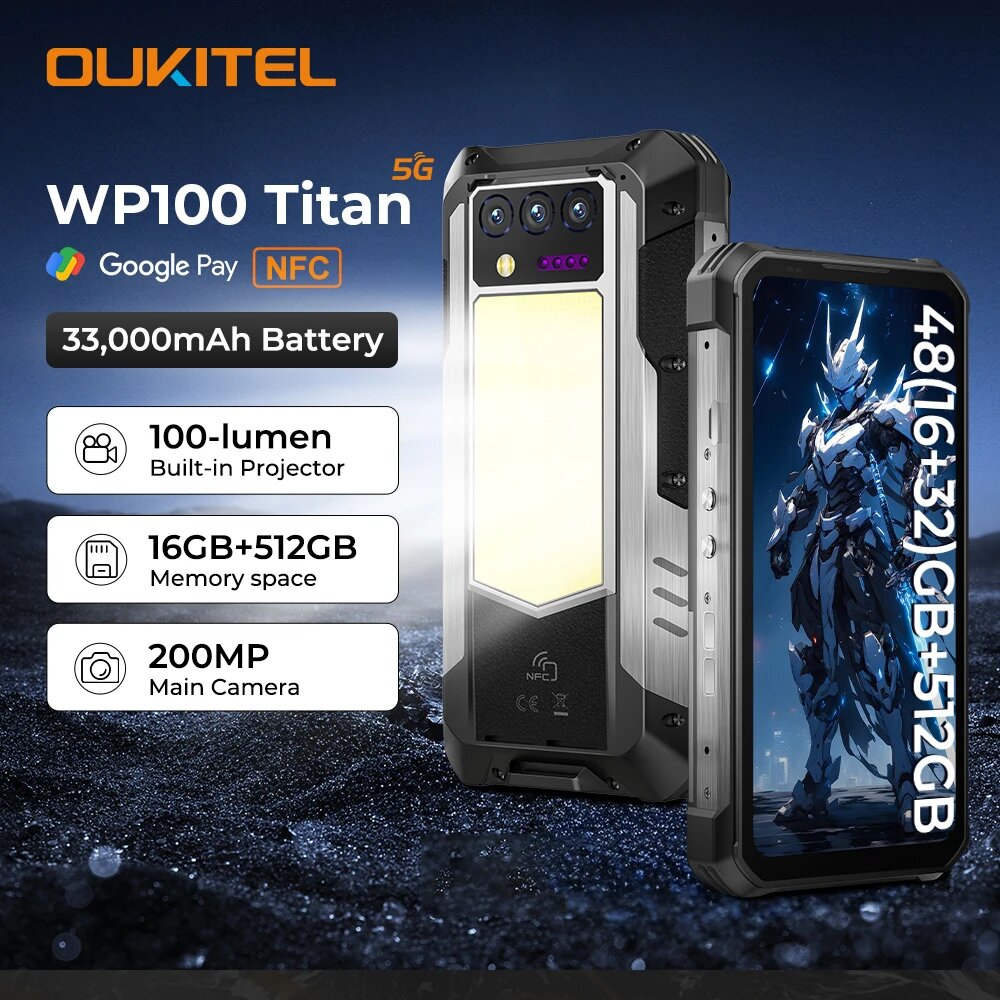 Oukitel WP100 Titan, зарядное устройство 33000 мАч, 66 Вт, камера 200 МП, встроенный проектор, светильник для кемпинга, сотовый телефон