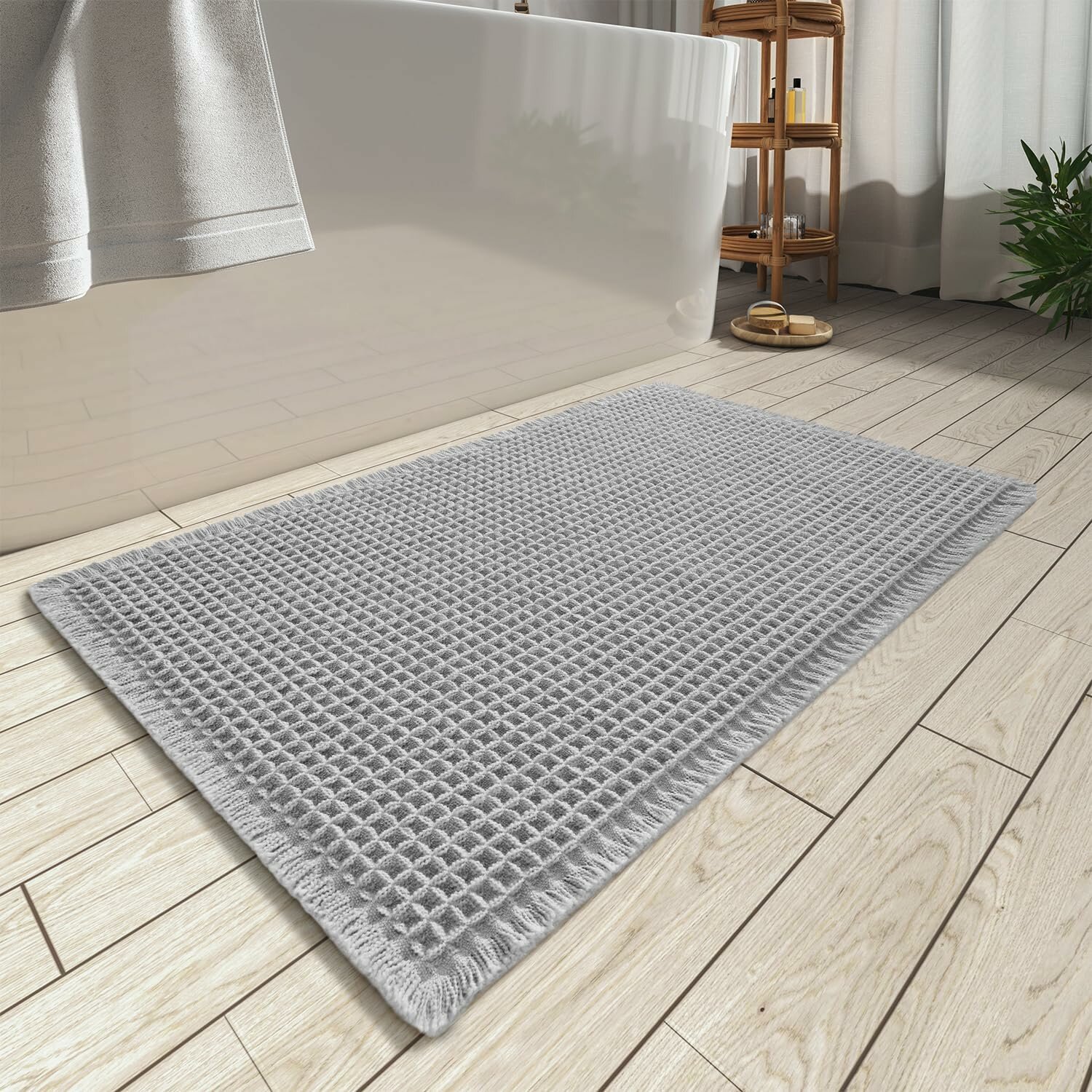 DINGXIAN Супервпитывающий коврик для ванной Waffle с резиновой основой, 45x76 см, коричневый, с кистями, машинная стирка