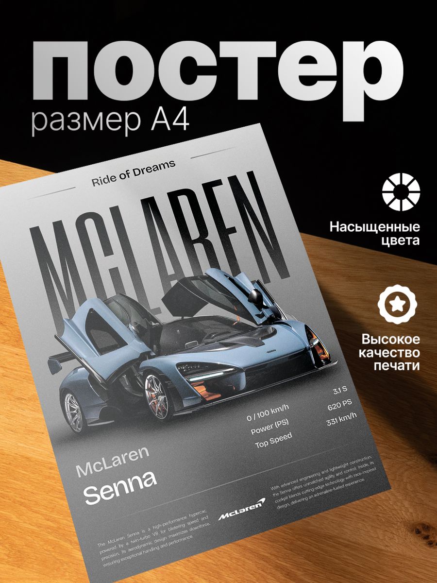 Постер ZEKEKS "McLaren Senna", на стену, без рамы, цифровая печать, 21x29