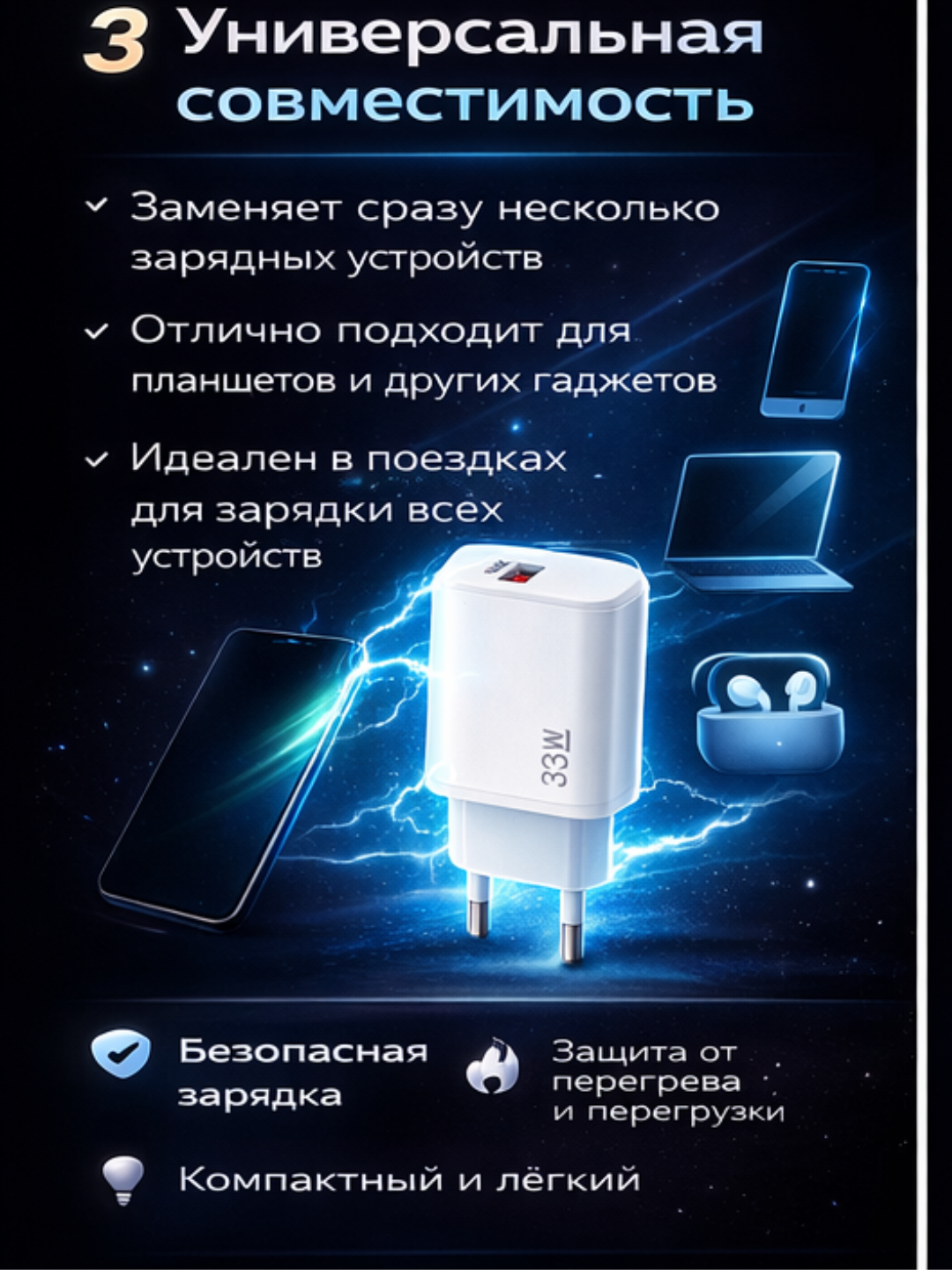 Сетевое зарядное устройство, 33Вт, Fast Charge, PD, QC 3.0, белый — фото 1