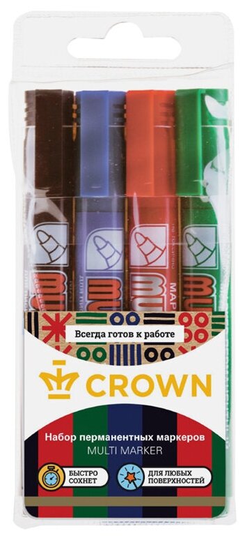 Набор перманентных маркеров Crown "Multi Marker" 4цв, пулевидный, 3мм