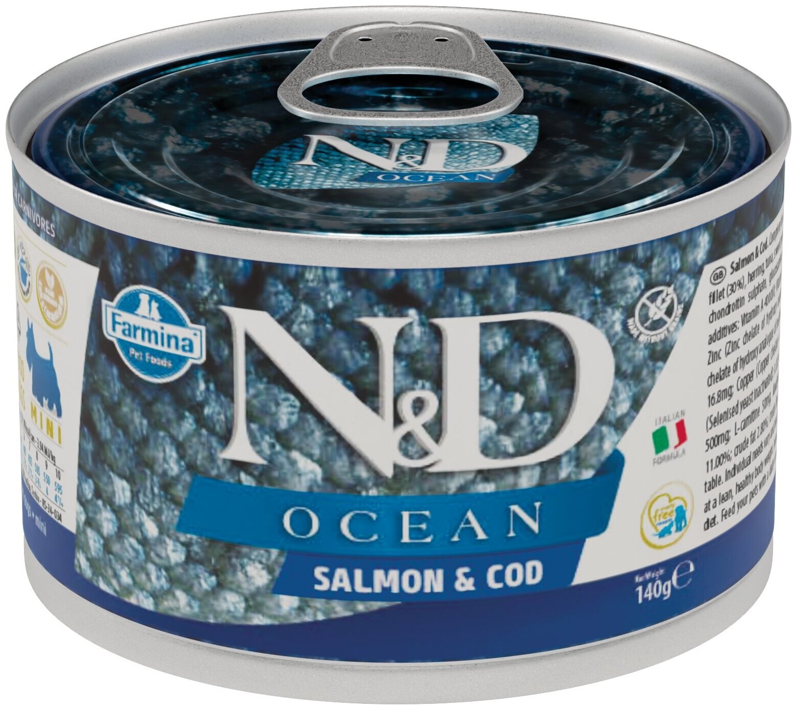 Корм консервированный Farmina N&D Ocean для собак мелких пород, с лососем и треской, 140 г, 1 шт.