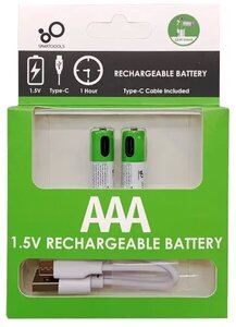 Фото Аккумуляторные батарейки AAA 1.5V 750 mWh с USB type-C кабелем