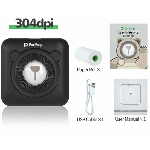 Портативный термопринтер PeriPage A6 304dpi, мини принтер для телефона, карманный принтер для печати этикеток, стикеров, наклеек, черный