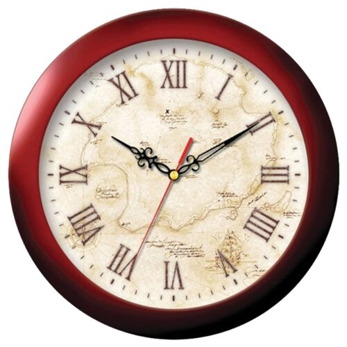 фото Часы настенные troyka 11131150, круг, бежевые с рисунком "карта", коричневая рамка, 29х29х3,5 см тройка