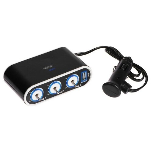 Разветвитель прикуривателя 12-24V 3 гнезда 1 USB провод 50 см подсветка 1284₽