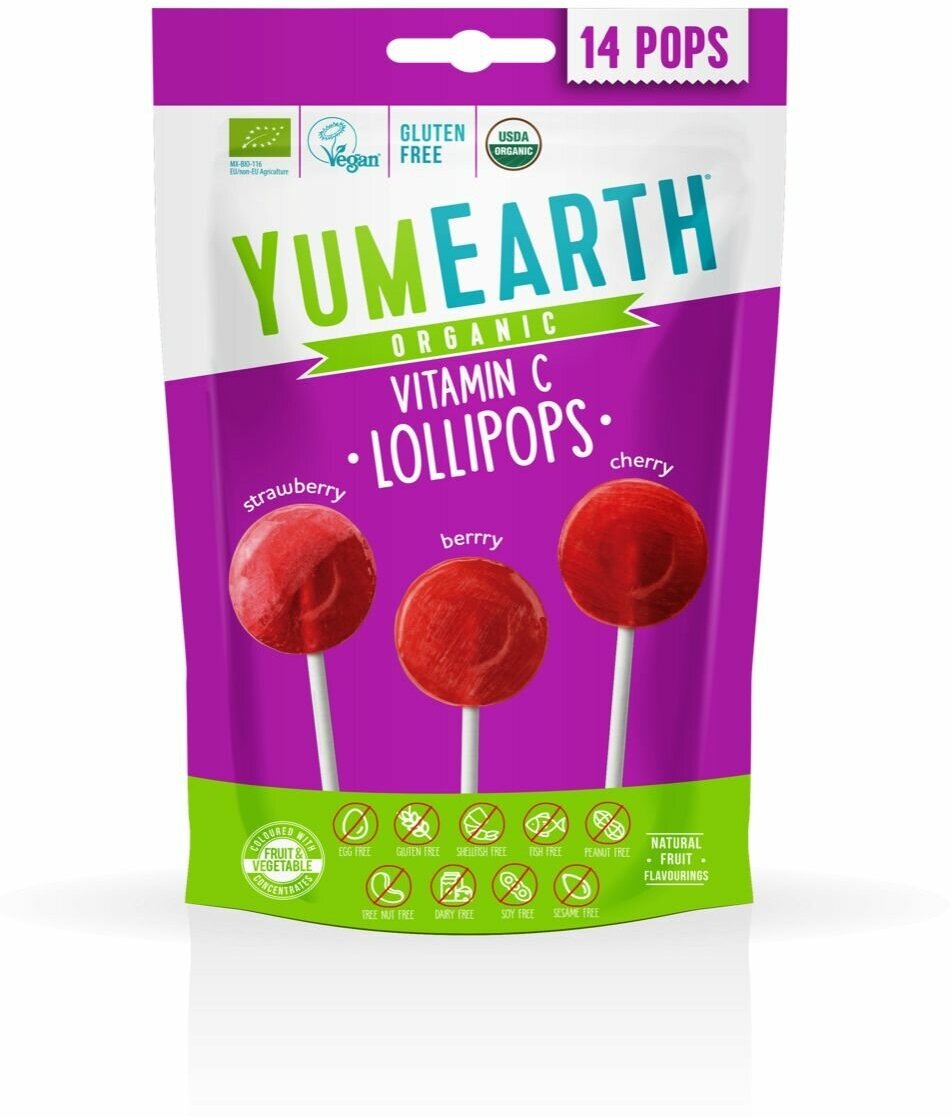 Леденцы на палочке органические YumEarth Organic Витамин С Lollipops, Ассорти, 14 леденцов - фотография № 1