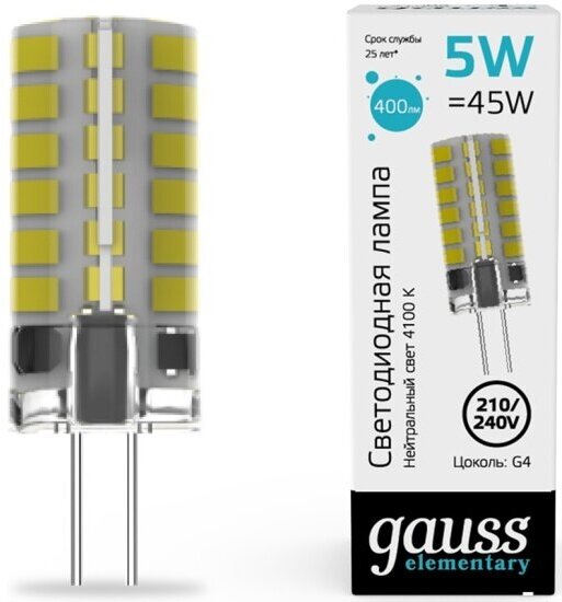 Светодиодная лампа Gauss Elementary G4 AC210-240V 5W 400lm 4100K силикон LED 1/20/200