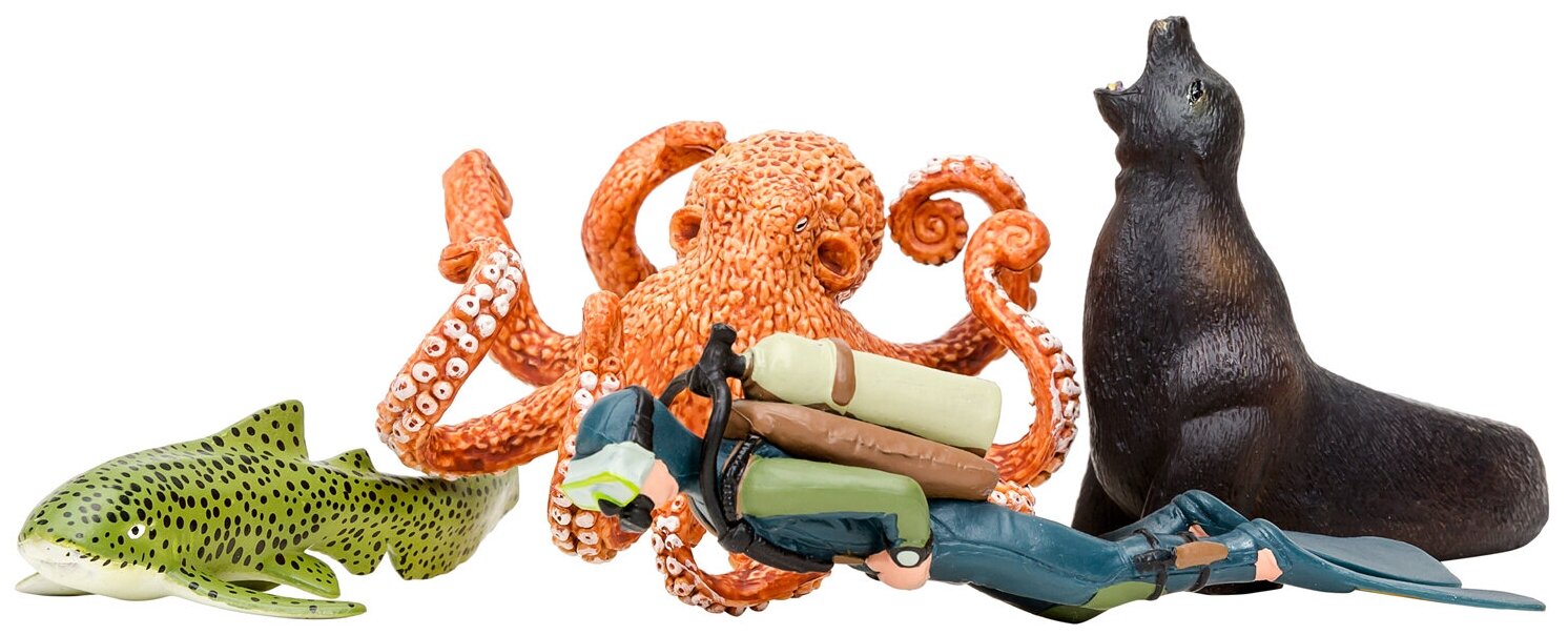 Фигурки игрушки серии "Мир морских животных": Дайвер, осьминог, морской лев, зебровая акула (набор из 3 фигурок животных и 1 человека)