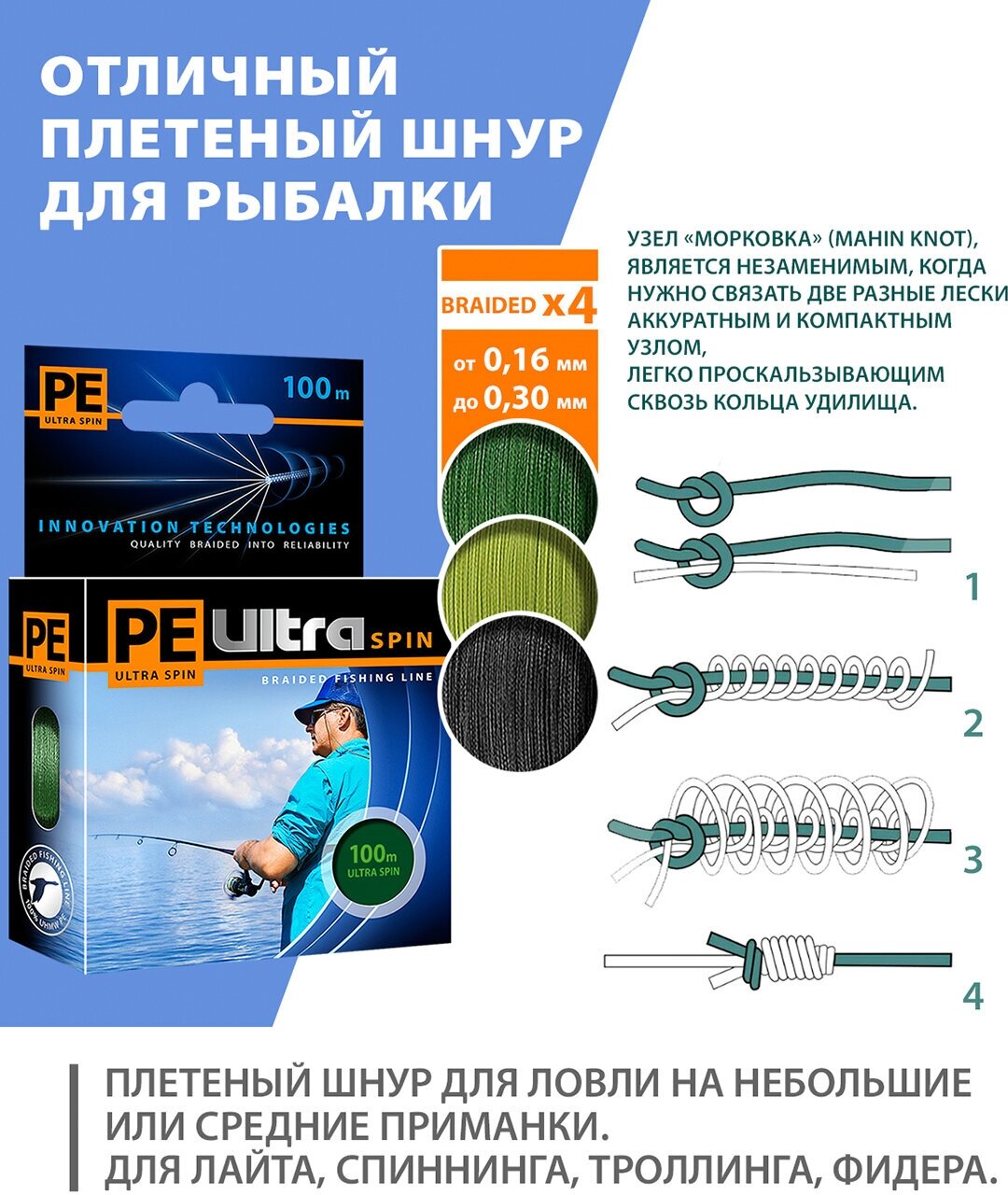 Плетеный шнур для рыбалки AQUA PE ULTRA SPIN x4 / плетенка на спиннинг троллинг фидер