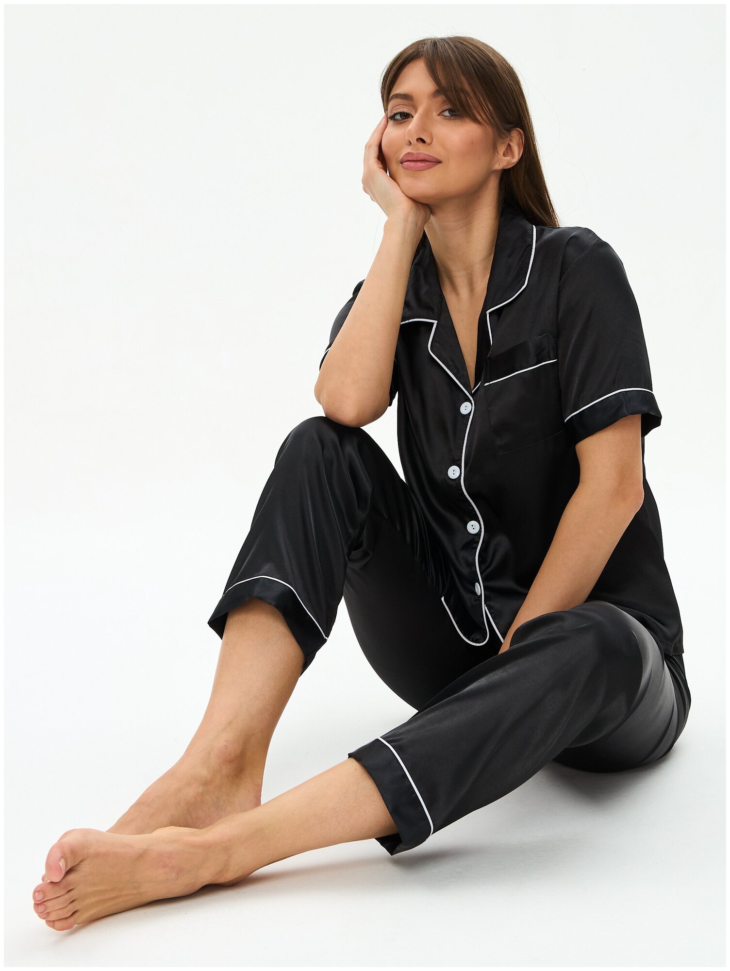 Пижама женская с брюками и рубашкой для сна, шелковая , атласная , домашняя одежда черная 44/ L размер - фотография № 9
