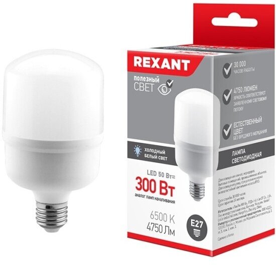 Светодиодная лампа Rexant LED High Power, 50 Вт, E27/E40, 6500 K, 4750 Лм (переходник на E40 в комплекте)