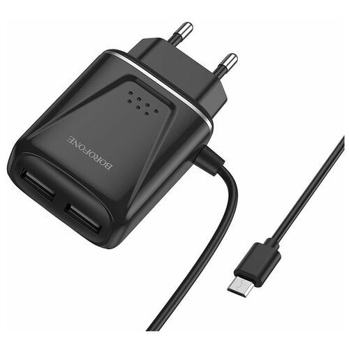 Сетевое зарядное устройство BOROFONE BA50A Beneficence 2xUSB, 2.1А, интегрированный кабель MicroUSB, 1м (черный) сетевое зарядное устройство 2xusb с кабелем usb type c borofone ba50a beneficence белое