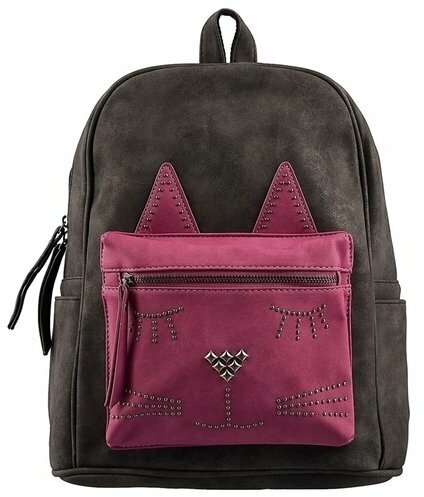 Рюкзак молодежный 1отд. Графитовый с розовым котом 35х26х16см кожзам ФЕНИКС+ 48365 (жен)