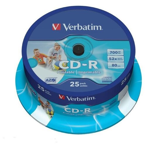 Носители информации CD-R Printable, 52x, Verbatim Azo Wide, Cake/25, 43439 диск cd rverbatim700mb 52x azo printable 25 шт