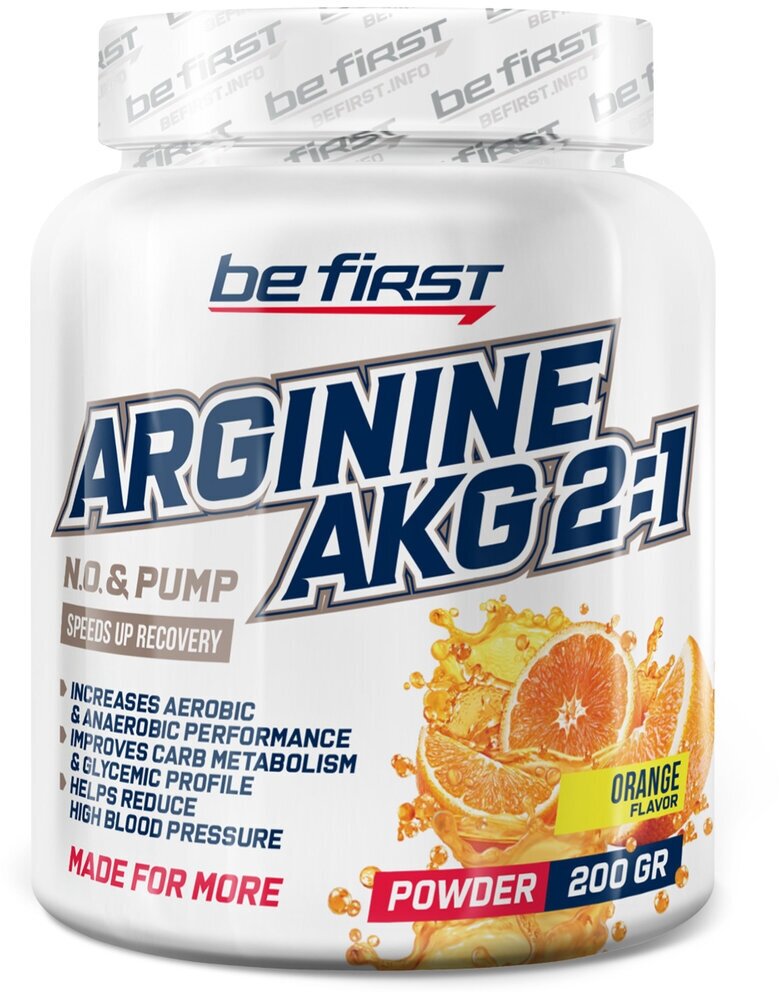 AAKG Be First Arginine AKG 2:1 (AAKG) powder (аргинин альфа-кетоглутарат) 200 г, Апельсин
