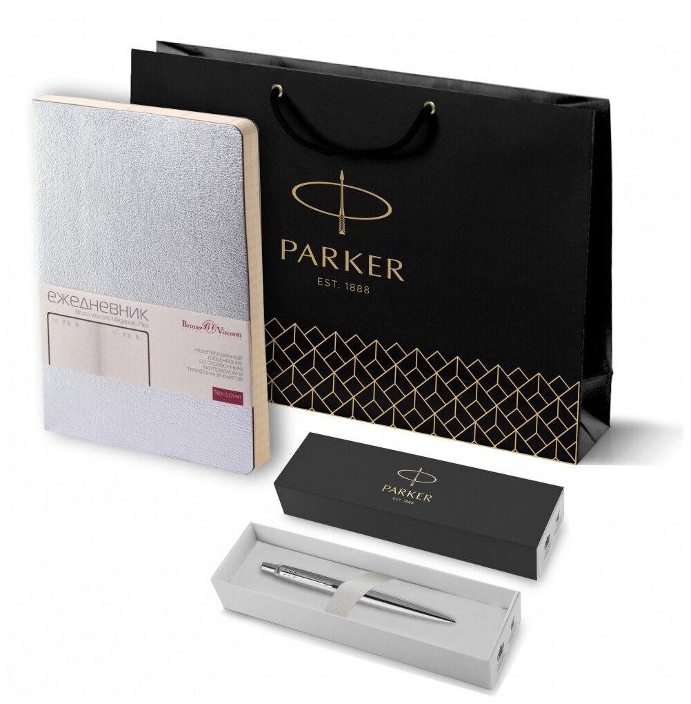 Подарочный набор: Шариковая ручка Parker Jotter Essential, St. Steel СT и Ежедневник недатированный серебристый