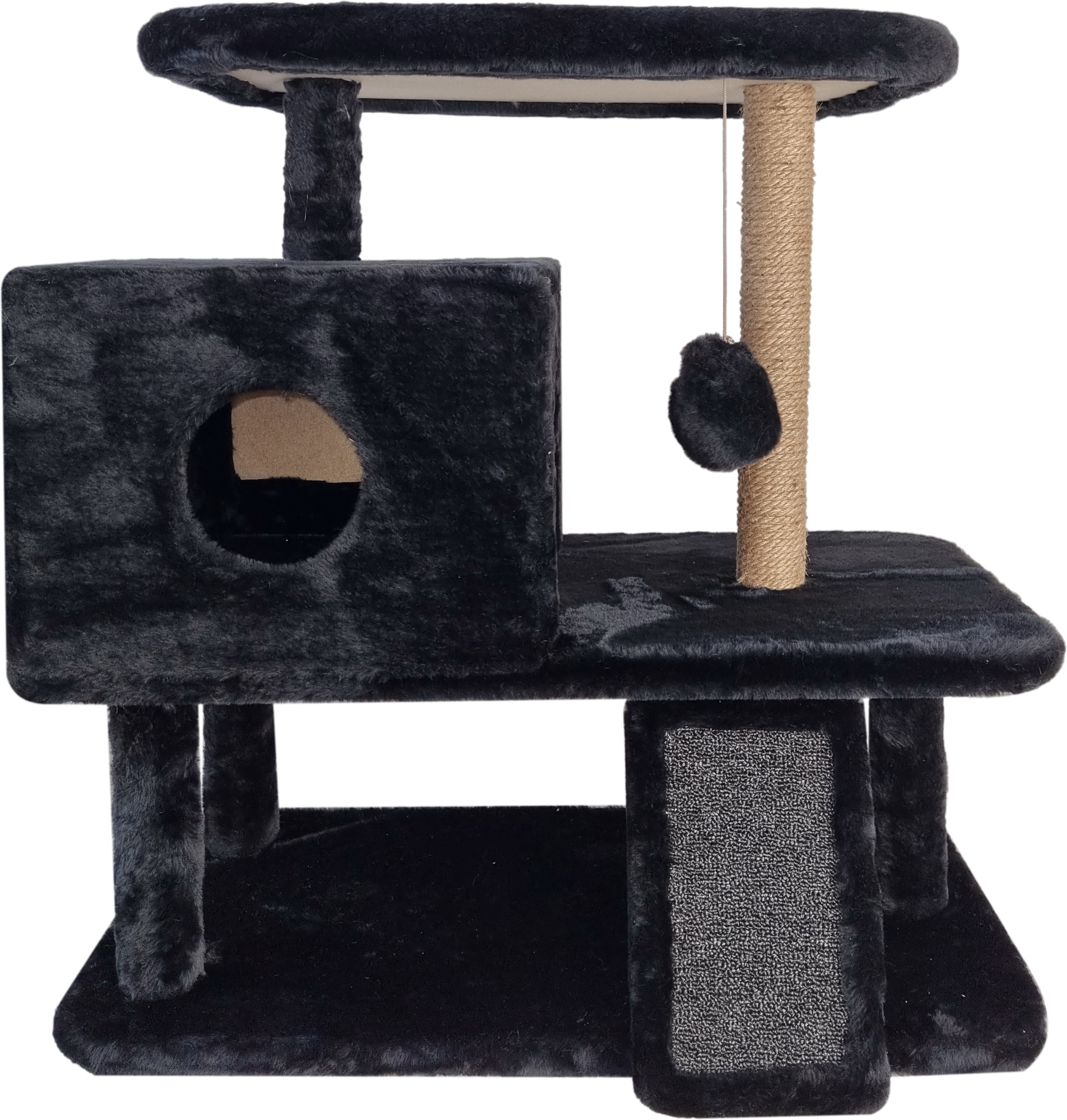 Игровой комплекс "Карлито", трехуровневый, с домиком и лежанкой, (мех, джут, поролон), 76*36*66 (h) см, цвет: черный - фотография № 3