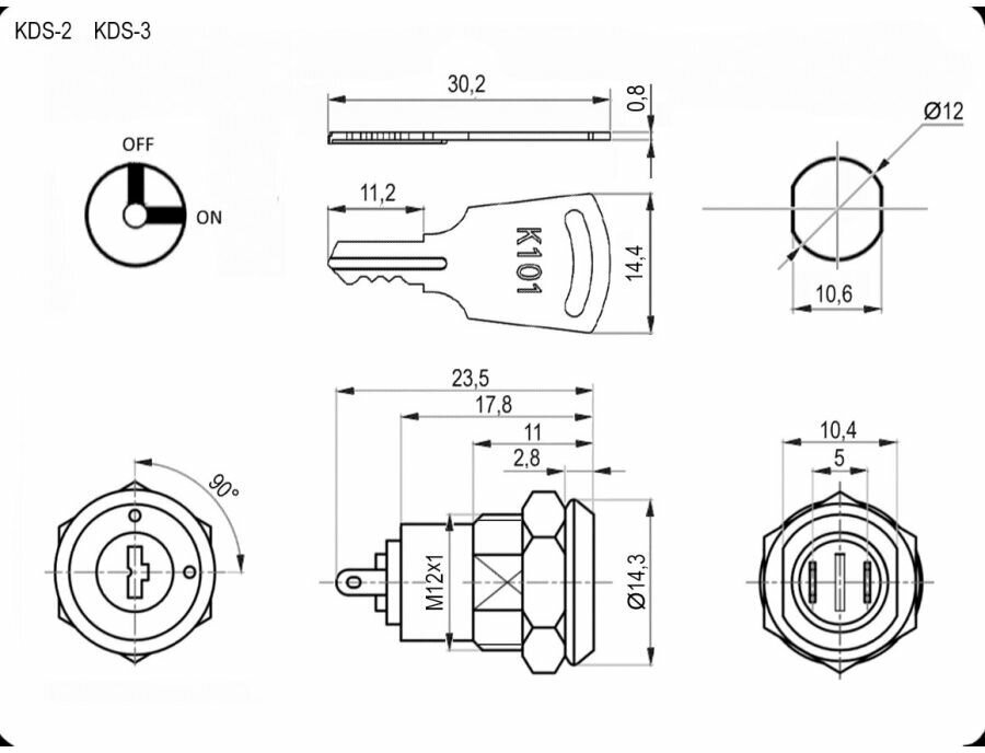 Выключатель с ключом KDS-3, 2 положения, 0.5 А, 50 мОм