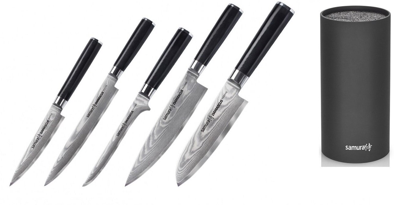 SD-0250КРЧП набор из 5-ТИ кухонных ножей SAMURA DAMASCUS универсальный, слайсер, обвалочный, ШЕФ, сантоку, подставки из пластика