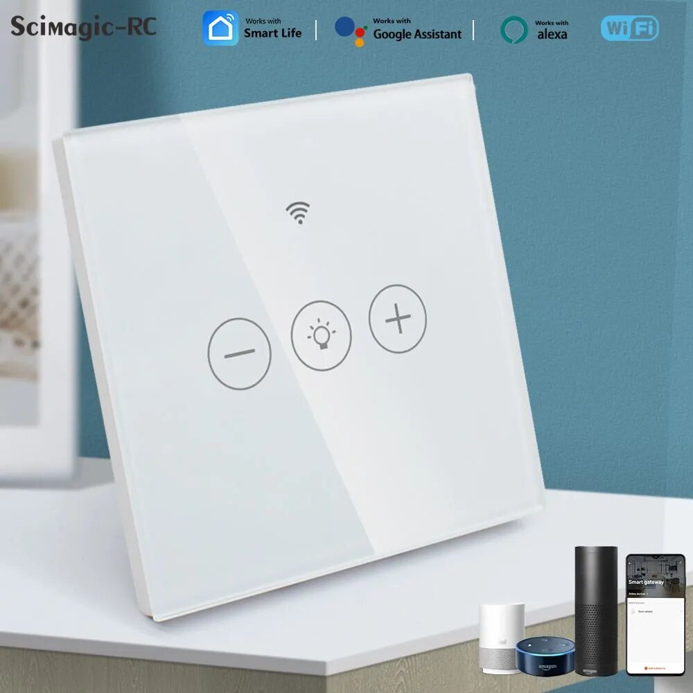 Умный диммер Tuya WiFi, белая стеклянная панель, управление через приложение и голосовые команды, совместим с Alexa и Google Home.
