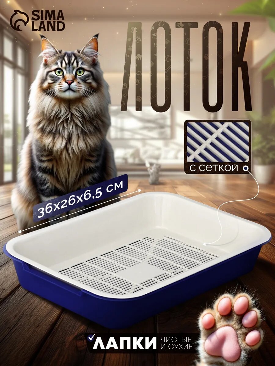 Туалет для кошек, с сеткой, пластик, синий, 36 х 26 х 6,5 см