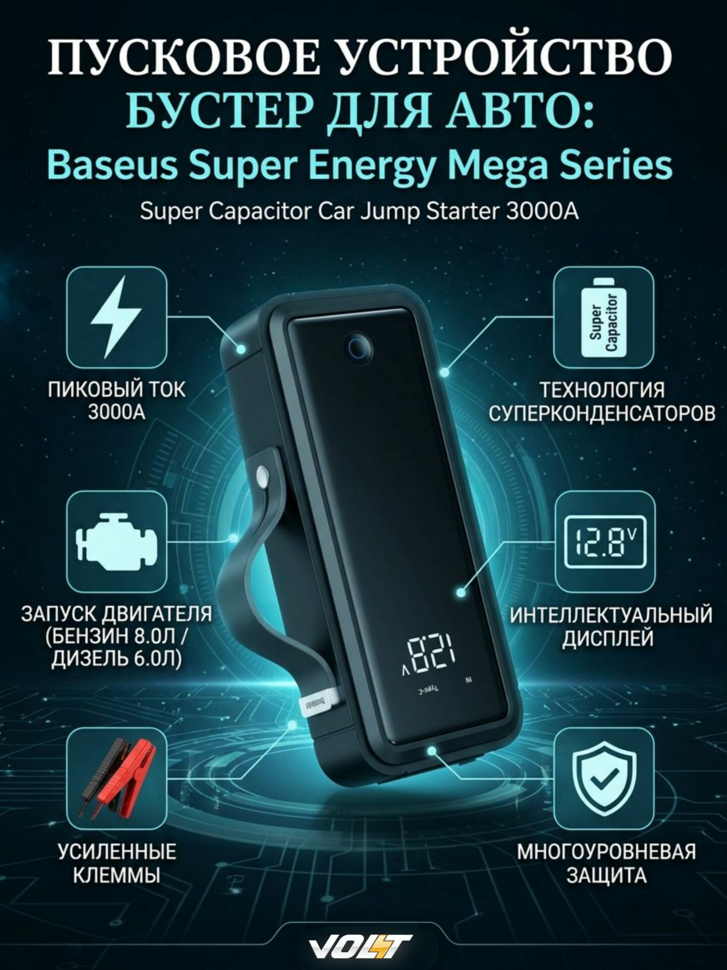 Пусковое устройство для автомобиля Baseus Super Energy Mega Series Super Capacitor Car Jump Starter 3000A / Зарядное устройство для аккумуляторов авто / Бустер пусковой