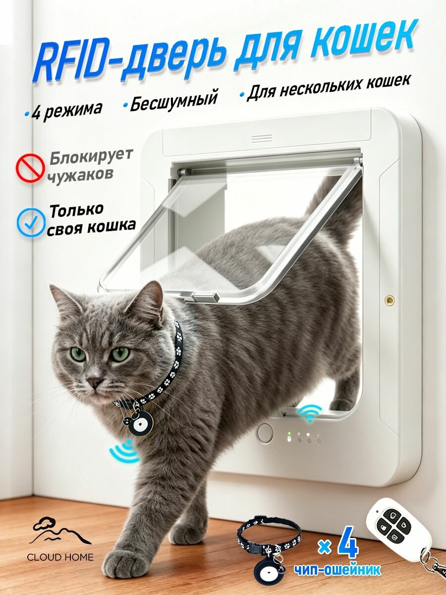 Умная дверца для кошки с RFID, пультом ДУ и 4 RFID-ключами на ошейник