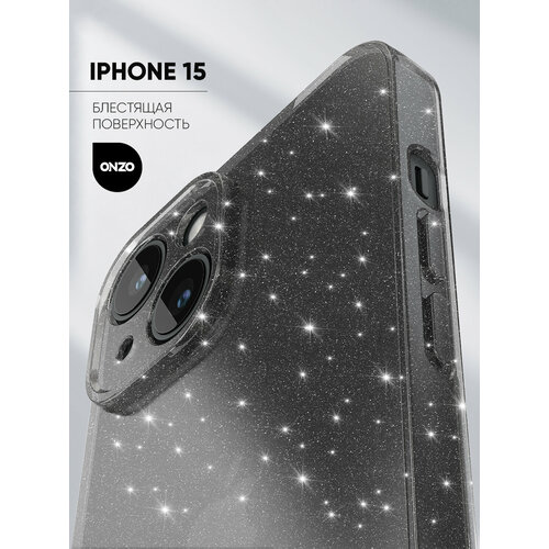 фото Блестящий чехол на iphone 15 / айфон 15 бампер тонкий, темно-прозрачный onzo