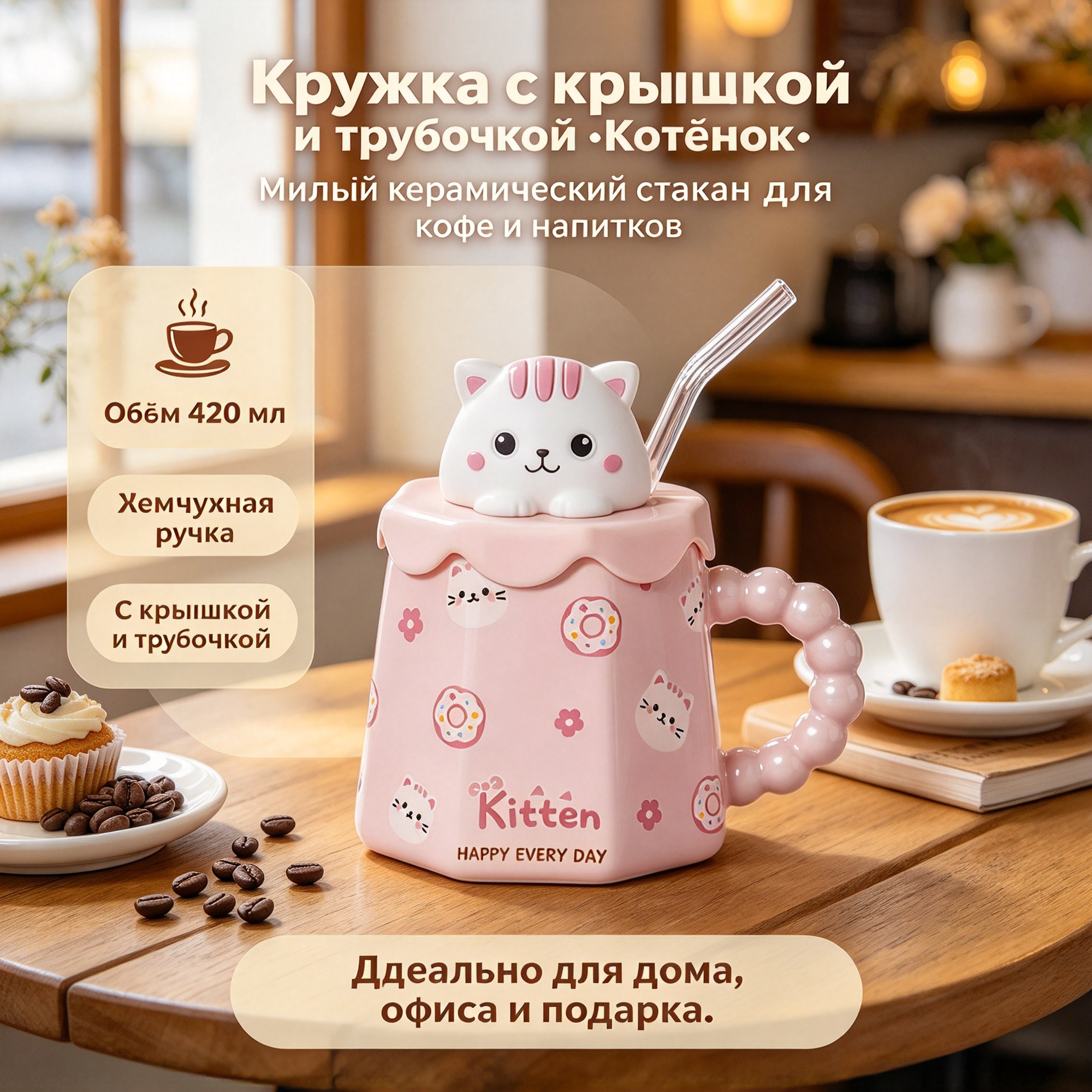 Кружка с крышкой и трубочкой 420 мл, объёмная фигурка животного, жемчужная ручка, керамический стакан для кофе