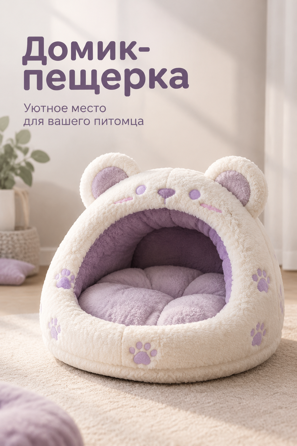 Домик-пещерка для кошек и собак в форме медведя, с матрасом, бело-фиолетовый