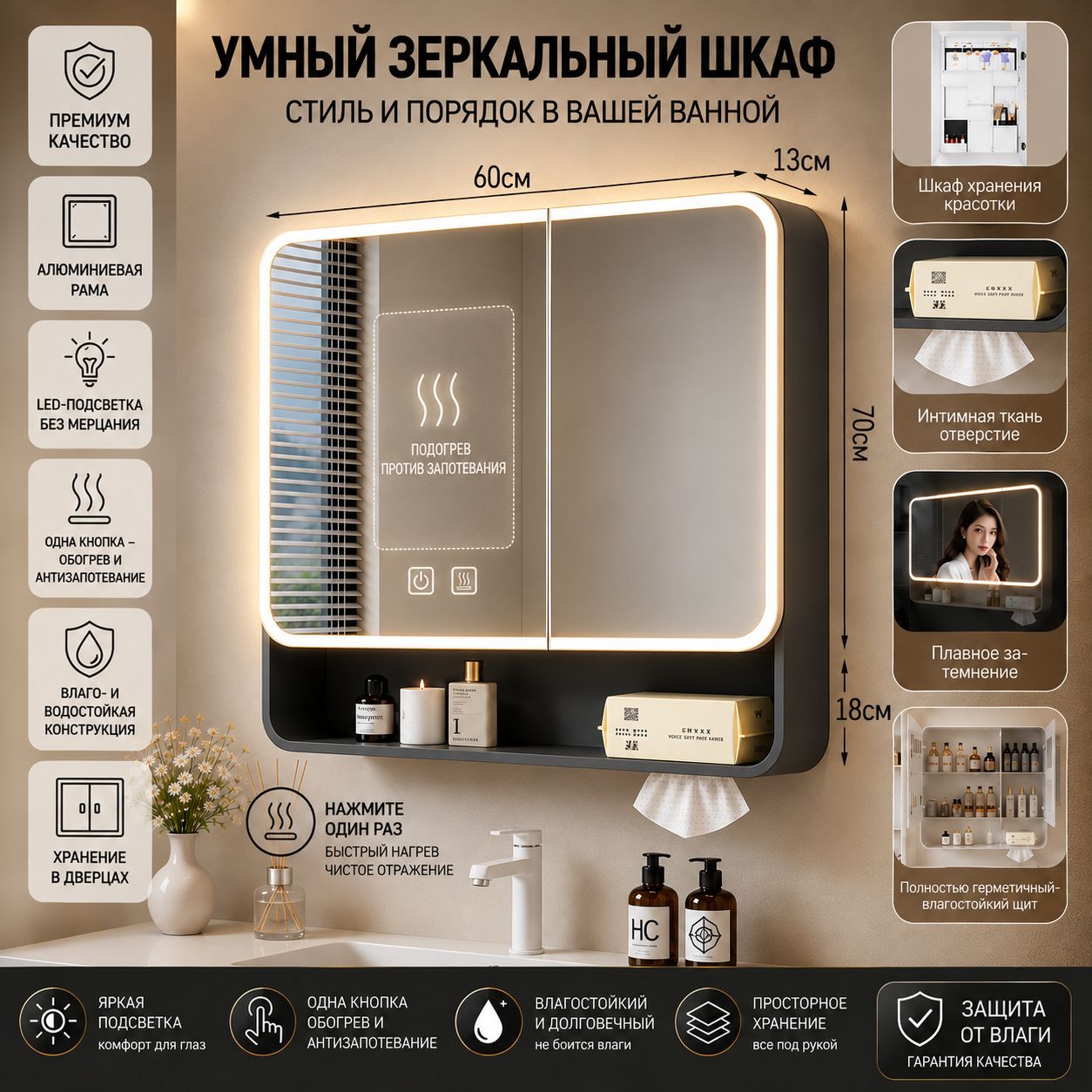 Умный Зеркальный Шкаф из Алюминия (Высота 88 см) - LED Подсветка, Подогрев, Открытая Полка,88,60, темно-серый