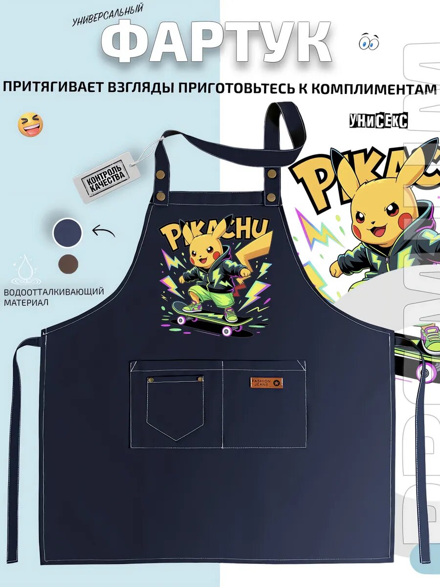 Фартук Пикачу Pikachu Покемон Скейтборд Молния кухонный с принтом универсальный
