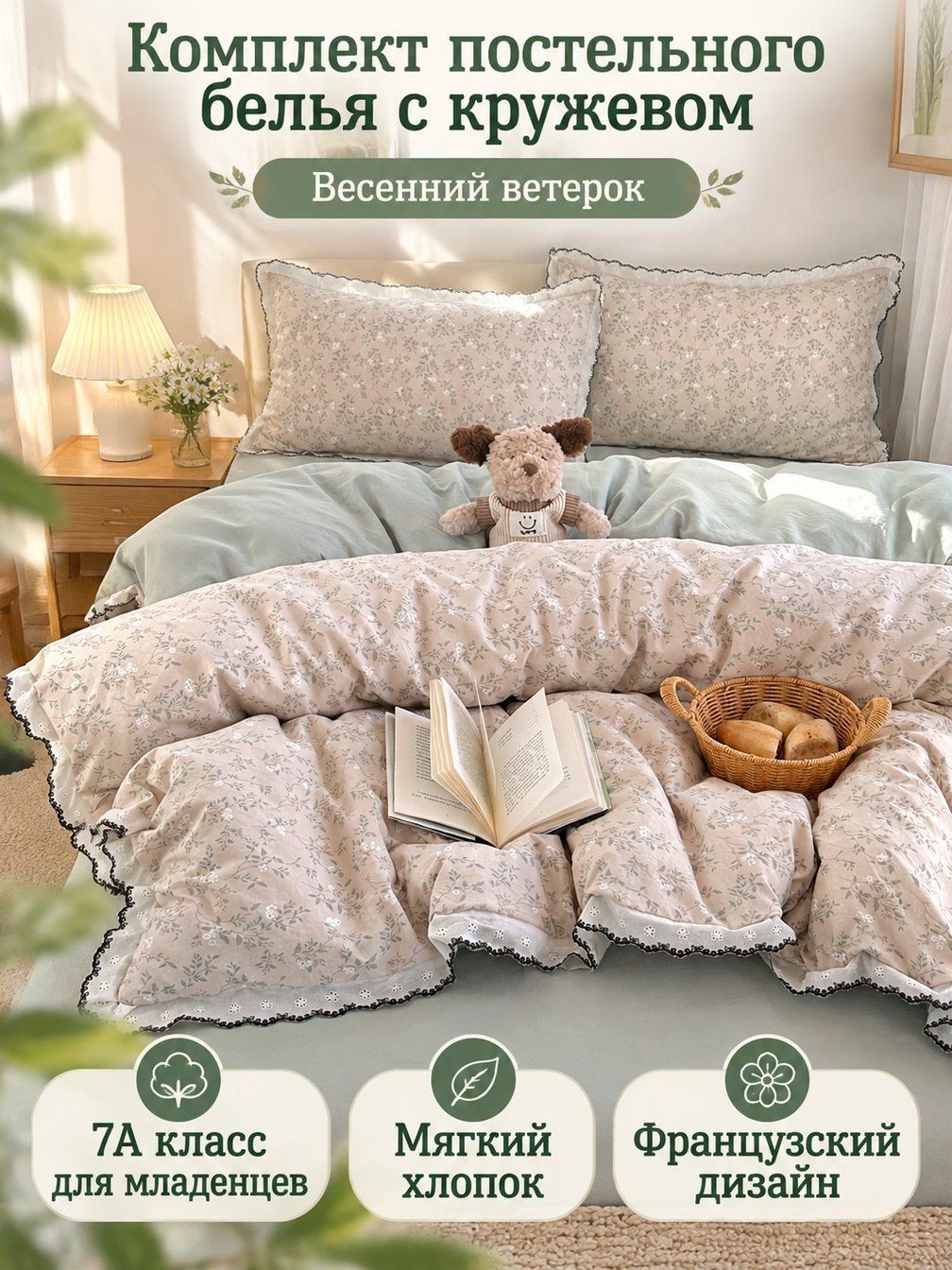 Комплект постельного белья из 4 предметов: наволочка, простыня и пододеяльник 180x220 см, хлопок, цветочный принт Весенний ветерок