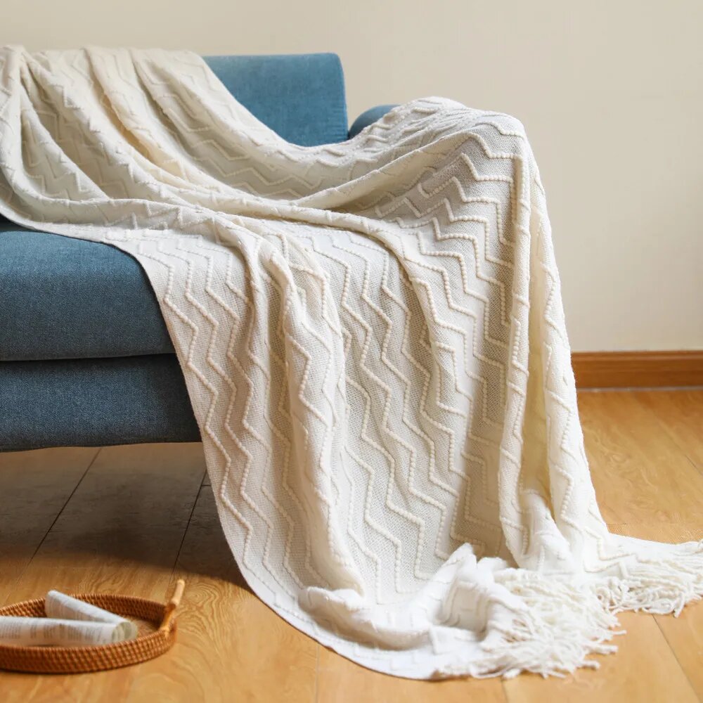Однотонный вязаный плед хаки 127x180cm, big wave cream white