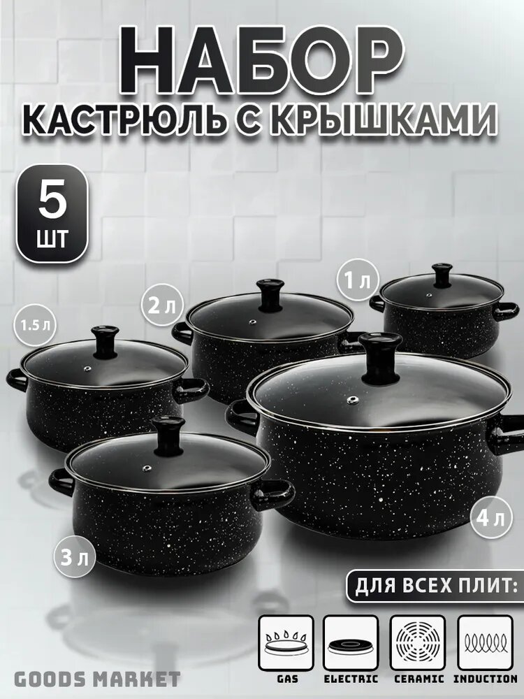 Набор кастрюль с крышкой эмалированных, подходит для индукционных плит: 5 кастрюль с крышками (1; 1,5; 2; 3; 4 литра)