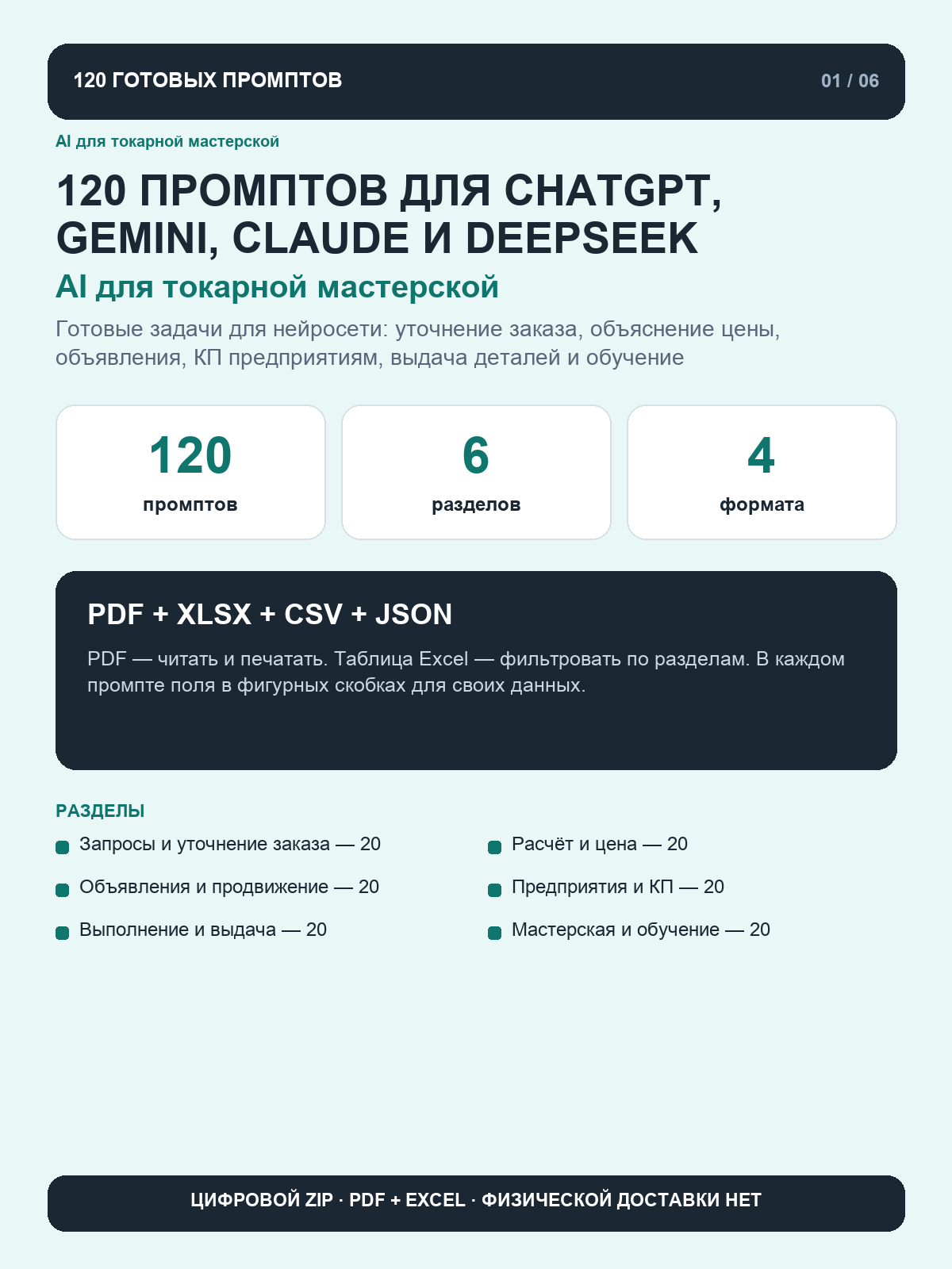 Промпты для токарной мастерской: 120 готовых запросов для ChatGPT, Gemini, Claude и DeepSeek, цифровая книга PDF A4