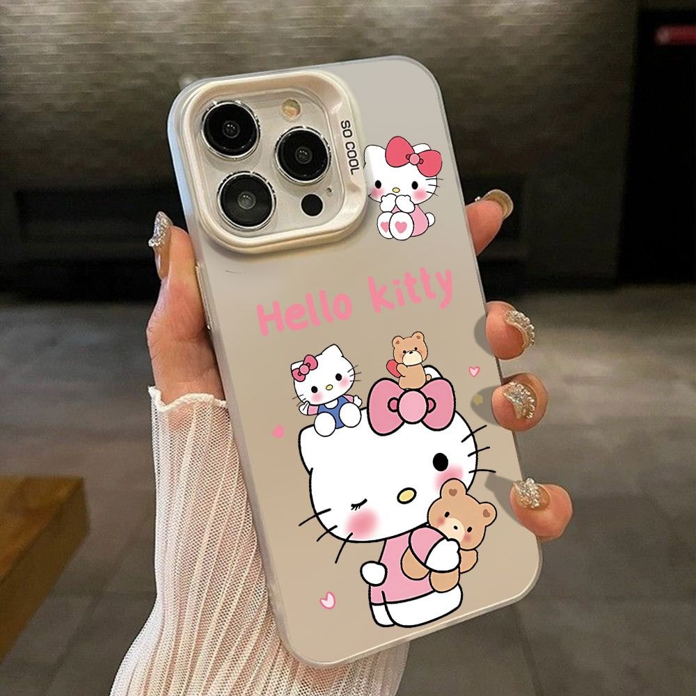 Чехол на Редми 12 / REDMI 12 светло-серый с белой рамкой камеры и принтом Hello Kitty с медвежатами, антиударный силиконовый чехол