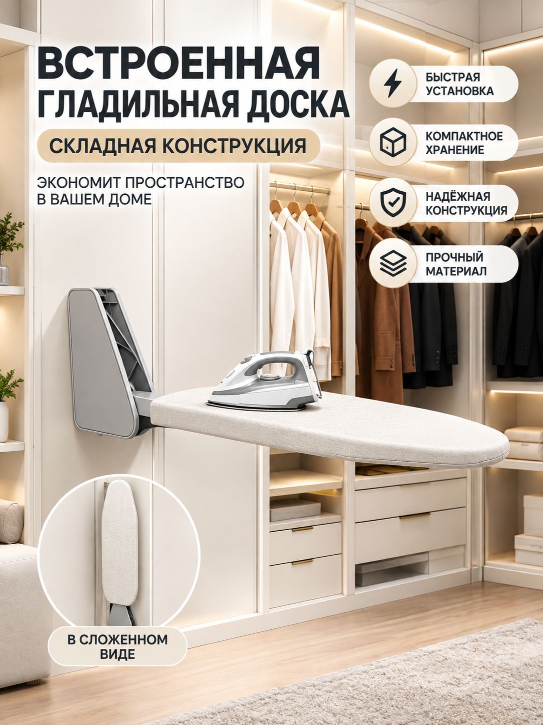 Гладильная доска скрытая боковая, складная, для узкого шкафа, 1100*310 мм