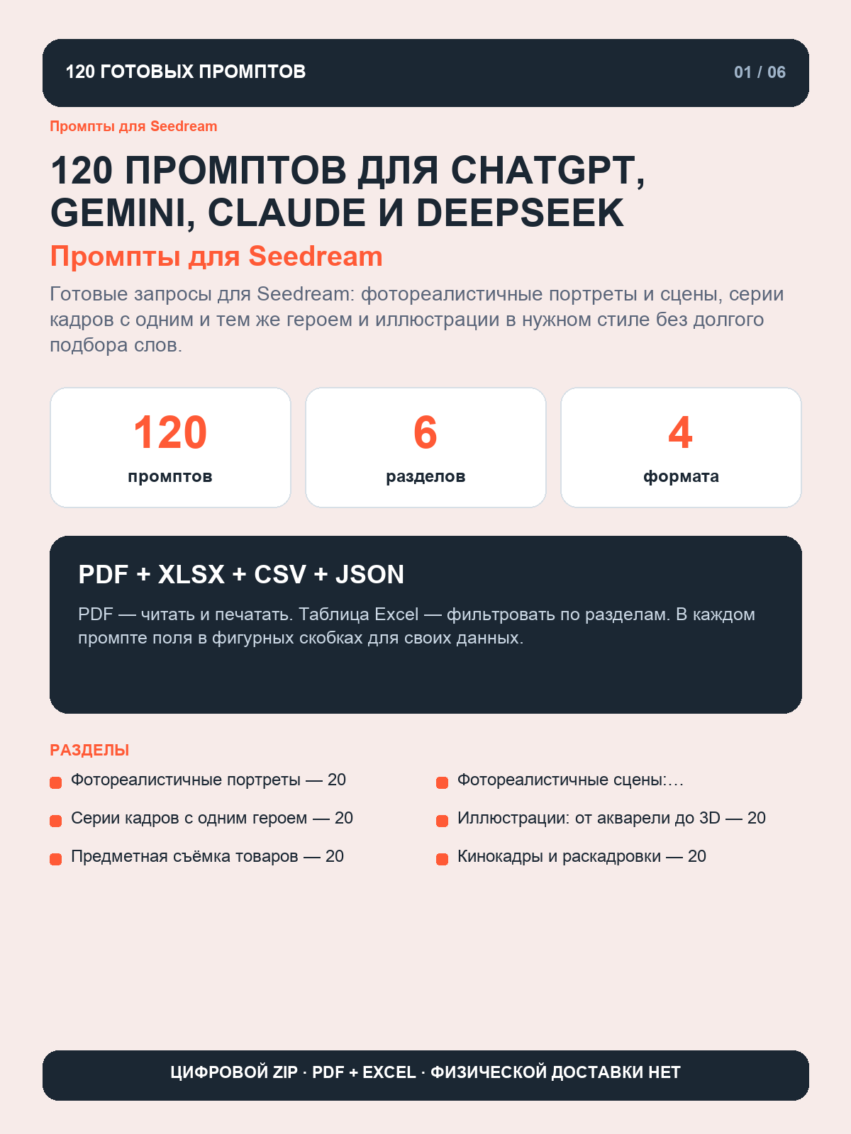 Промпты для Seedream: 120 запросов для фотореалистичных сцен, серий кадров с одним героем и иллюстраций, цифровая книга PDF A4