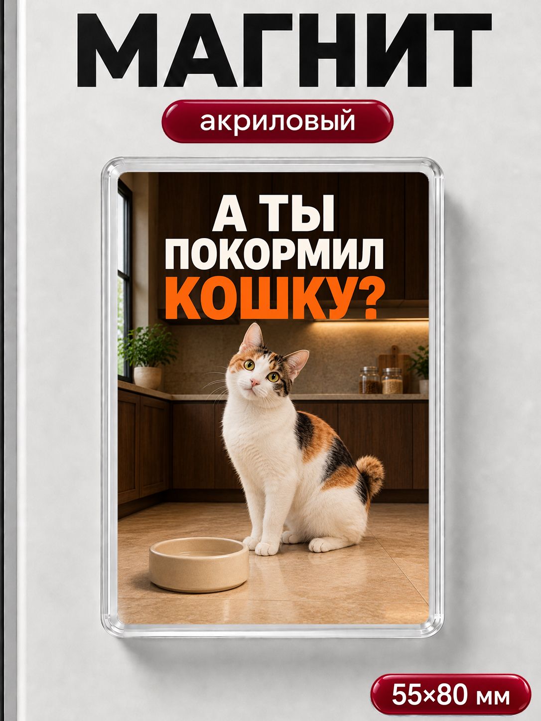 Магнит на холодильник "А ты покормил кошку?", прикольный магнитик