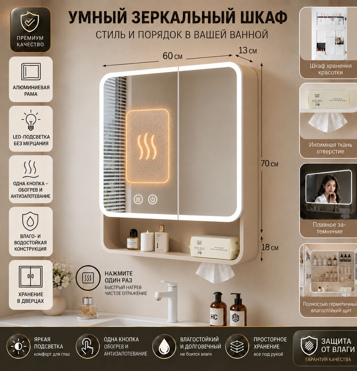 Умный Зеркальный Шкаф из Алюминия (Высота 88 см) - LED Подсветка, Подогрев, Открытая Полка,88,60, кремовый
