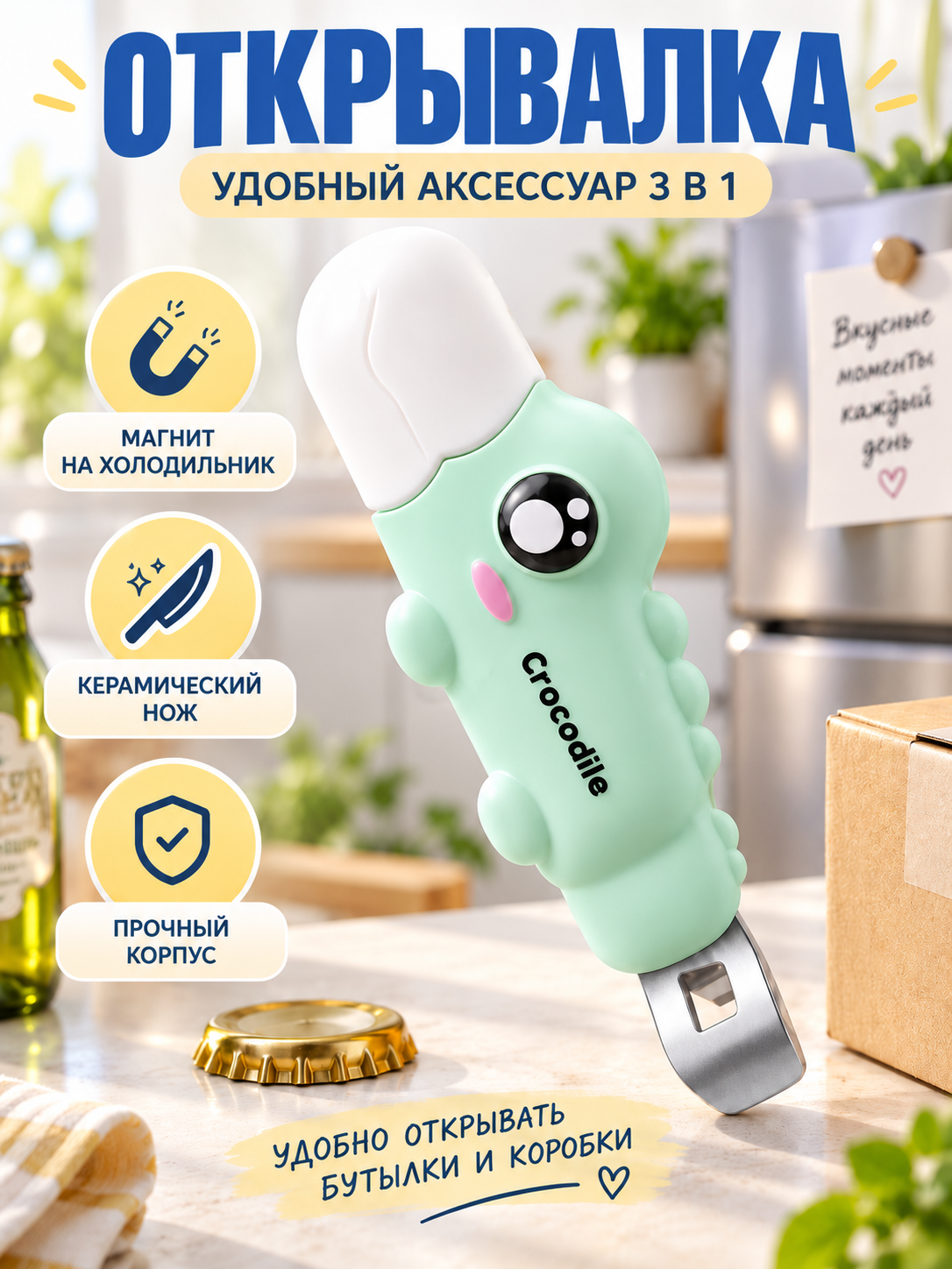 Открывалка 3 в 1 магнитная на холодильник с керамическим ножом для коробок