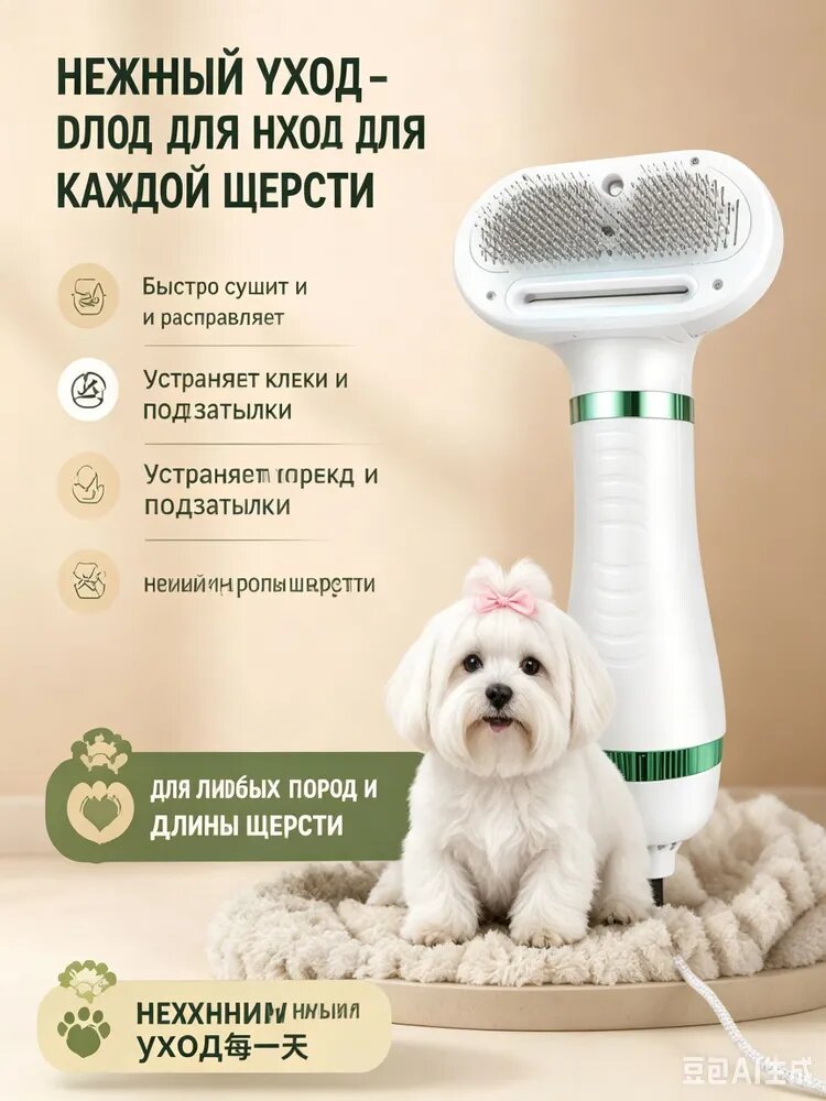 Бесшумный фен для кошек и собак 2 в 1, фен-расческа для пугливых животных тихий менее 65 дБ, бережная сушка и вычесывание шерсти с ионизацией.