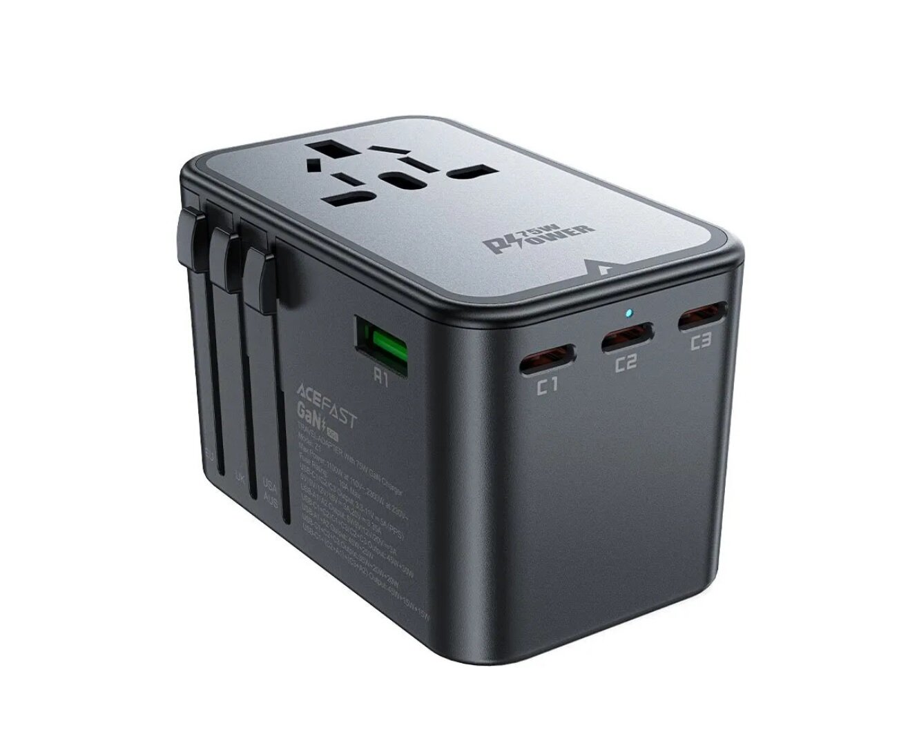 Адаптер для всех типов розеток Acefast Z1 GAN 75W, 3C+2U, Travel Adapter Universal Socket 2300W EU/UK/US/AUS, Черный