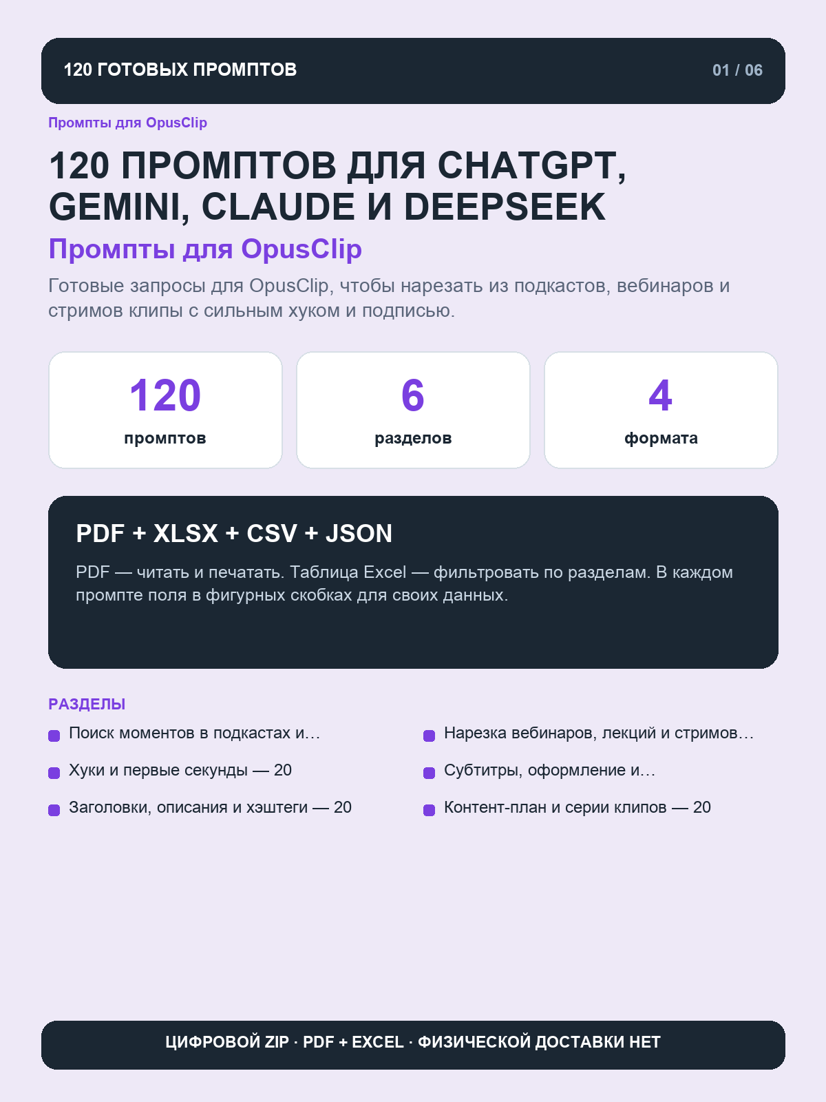 Промпты для OpusClip: 120 запросов для нарезки Shorts, Reels и клипов из длинных видео, цифровая книга PDF A4