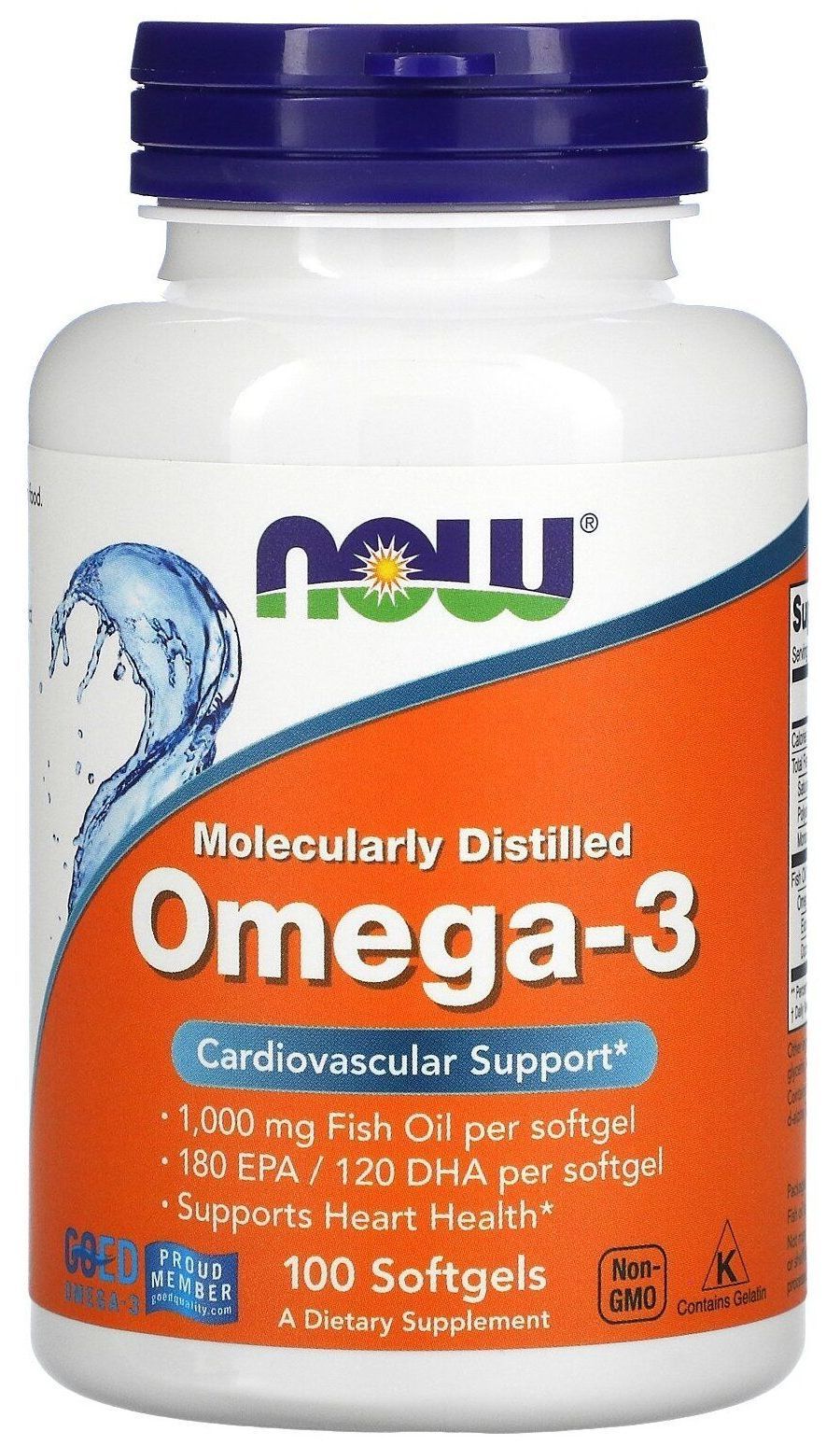 NOW Omega-3 1000 мг, рыбий жир, EPA 180 мг, DHA 120 мг, капсулы, 100 шт