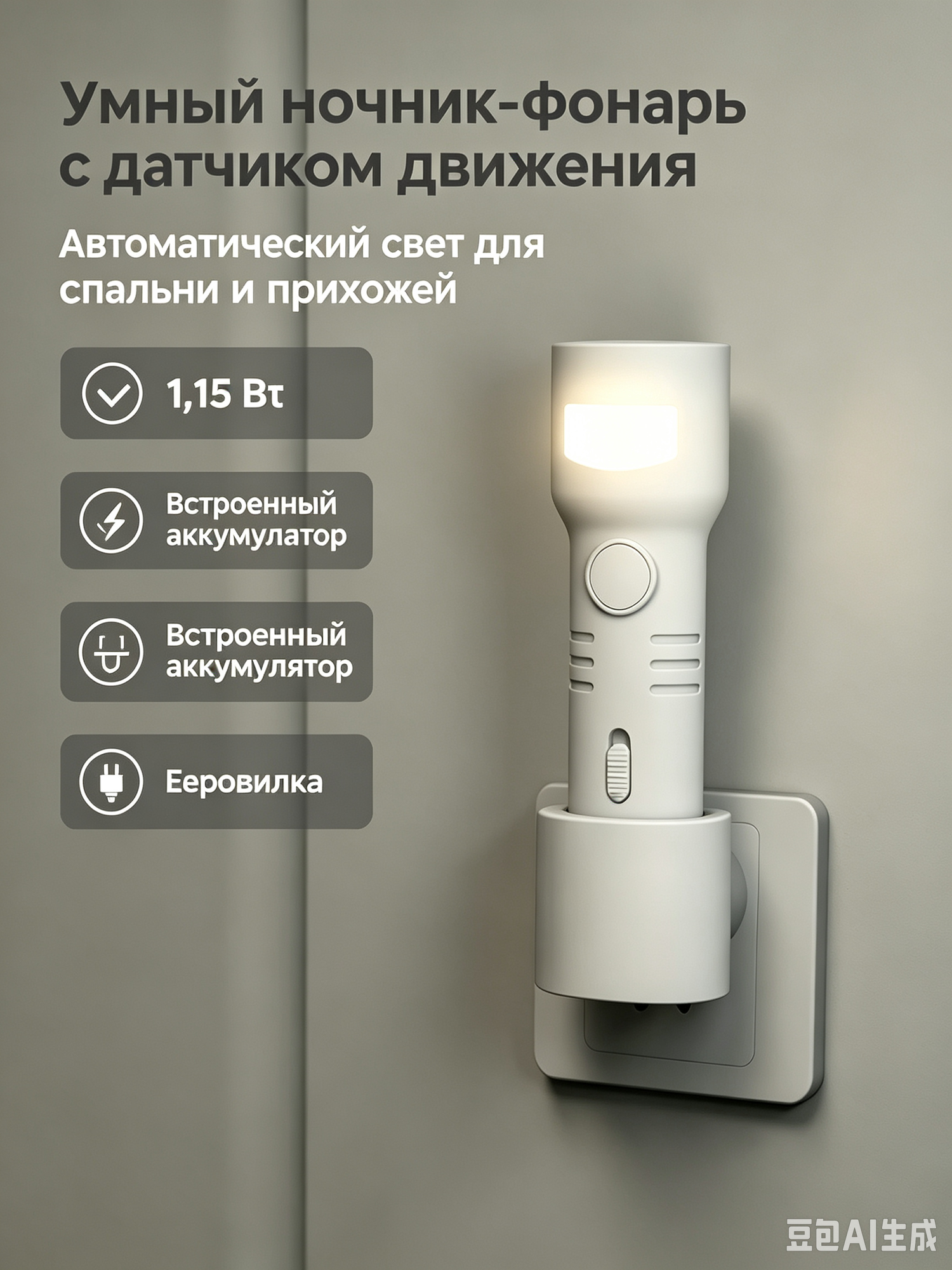 Ночник‑фонарь с датчиком движения 1,15 Вт, аккумуляторный для спальни‑ авто включение и выключение